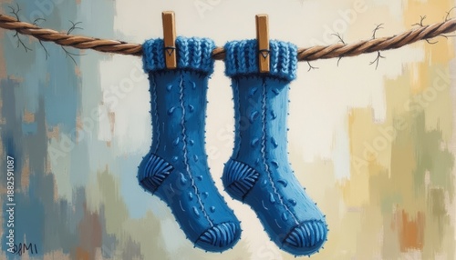 Blue knitted socks hanging on a clothesline against a pastel background  