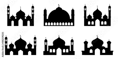 Modern Minimalist Mosque Silhouette Set with Domes and Tall Minarets Isolated on White Background for Islamic Logo and Branding