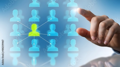 A person interacting with a network of connected profiles on a digital interface