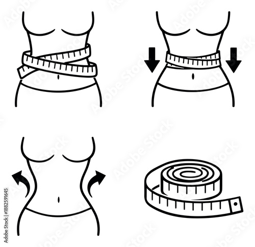 Line art health and fitness icons set featuring female waists and measuring tapes for body measurement and weight loss