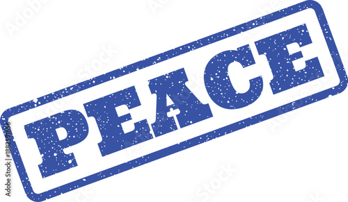 A distressed blue rubber stamp bearing the word Peace, symbolizing global harmony and tranquility
