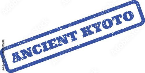 A distressed blue rubber stamp with ANCIENT KYOTO text, conveying a historical travel theme or location