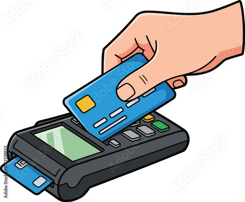 Hand holding credit card near payment terminal with various buttons and screen in a commercial setting