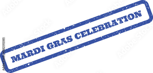 A vibrant textured blue rectangular seal proclaiming Mardi Gras Celebration, with a rustic print appearance