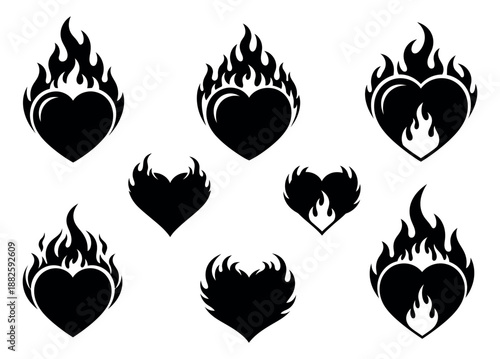 Graphic flaming heart icon set featuring diverse passionate designs for themes of love and intensity