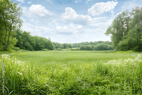 Serene Landscape of Lush Green Meadow under a Bright Blue Sky with Fluffy Clouds