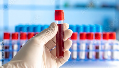 Gloved hand holding blood test tube in clinical lab setting