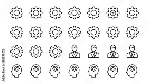 Team, settings and idea icons set representing collaboration, management and workflow
