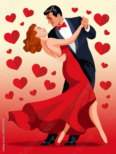 A passionate couple elegantly dances surrounded by a shower of loving red hearts