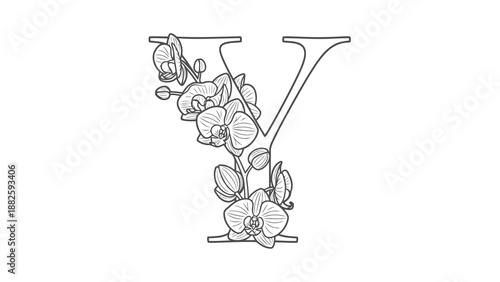 Floral letter v illustration on white background