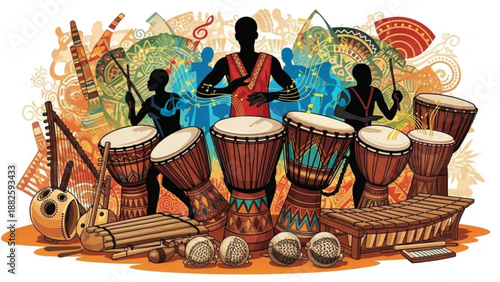 African drummers playing traditional drums and instruments