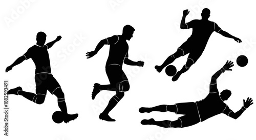 Silhouettes of soccer players in various dynamic poses.