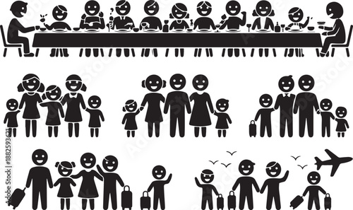 Big family and relatives reunion, gathering and activities. Stick figure pictogram depicts family and relatives getting together for a meal, vacation, and photo session together