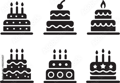 Birthday cake icon silhouette vector set