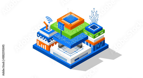 Isometric illustration of a futuristic cityscape with modern buildings and technology infrastructure viewed from above