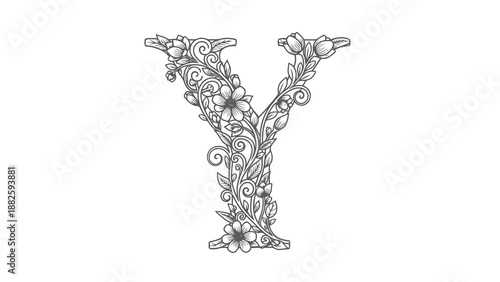 Floral letter y illustration on white background
