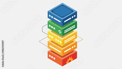 A stack of colorful servers or storage devices layered on top of each other, illustrated from a straightforward viewpoint