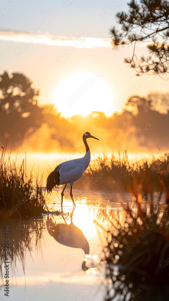 Fototapeta premium 朝霧の湿原に立つ丹頂鶴