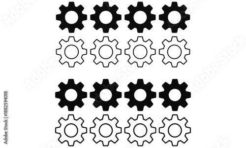 Gear and settings icons set with filled and outline styles for system, process and configuration concepts

