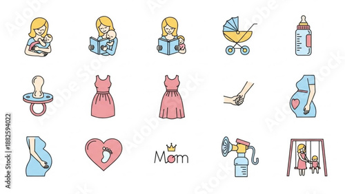 Motherhood icons set breastfeeding baby care and nursery essentials