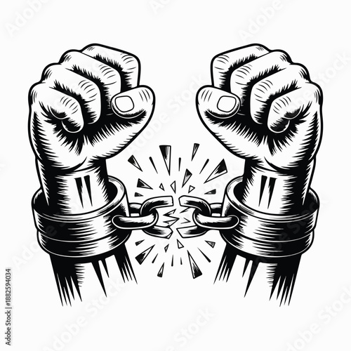 Breaking Chains Illustration – Powerful Fists in Shattered Shackles