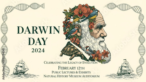 Darwin day 2024 poster featuring evolutionary illustration
