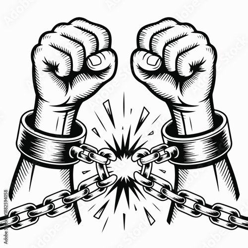 Breaking Chains Illustration – Powerful Fists in Shattered Shackles