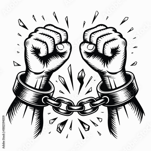Breaking Chains Illustration – Powerful Fists in Shattered Shackles