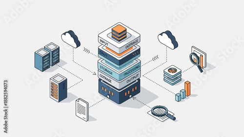Data Center Infrastructure Illustrated from an Isometric Viewpoint Showcasing Servers Storage and Networking Equipment