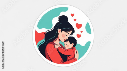 Mother tenderly kissing child in red outfits with hearts surrounding