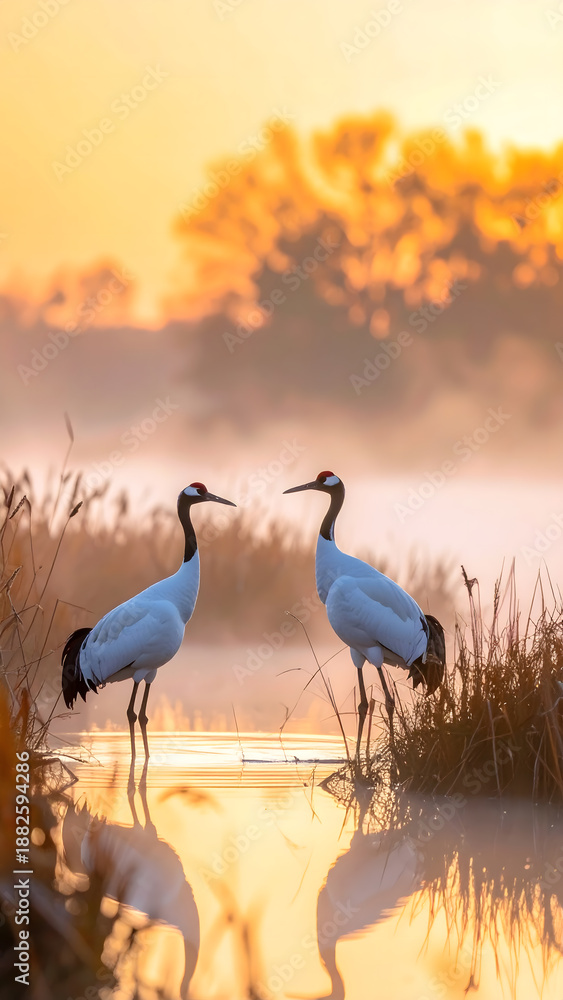 Fototapeta premium 朝霧の湿原に立つ丹頂鶴