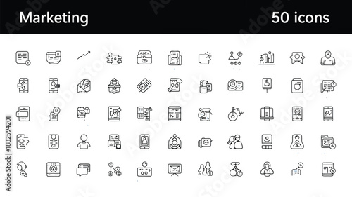Marketing line icon set with 50 editable outline symbols for digital business and promotion
