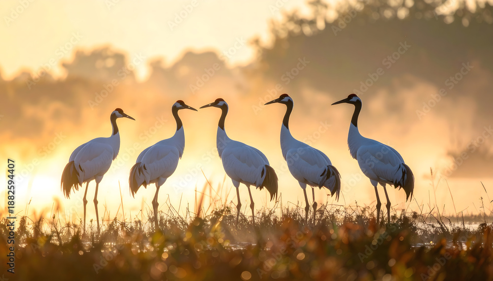 Fototapeta premium 朝霧の湿原に立つ丹頂鶴