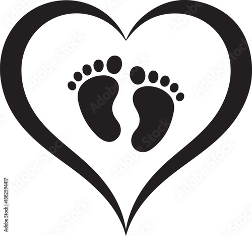 Black vector baby footprints silhouette print design. Footsteps in outline heart frame shape. Baby shower 