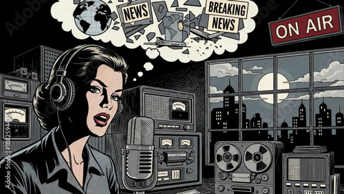 Female news anchor broadcasting live at night with cityscape