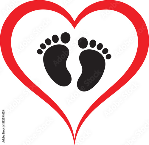 Black vector baby footprints silhouette print design. Footsteps in outline heart frame shape. Baby shower 