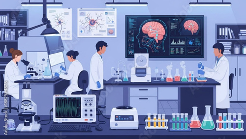 Scientists in lab coats conducting brain research in modern