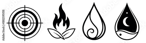 Line art icon set featuring a target, fire with leaves, a swirling water drop, and a water drop with a moon for abstract concepts
