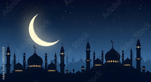 Enchanting spiritual night scene with luminous crescent moon and twinkling stars above a serene cityscape of mosque silhouettes, embodying peace and tradition