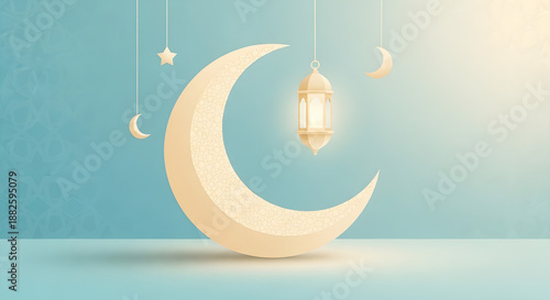 Elegant celestial night with glowing lanterns and crescent moons, evoking a peaceful and festive celebration under the stars