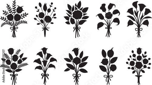 Collection of elegant black silhouette floral wedding bouquets and arrangements with ribbons isolated on transparent background