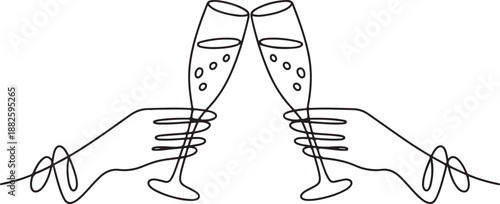 Continuous line champagne cheers one line art, continuous drawing contour. Hands toasting with wine glasses with drinks. Cheers toast festive decoration for holidays. Vector illustration