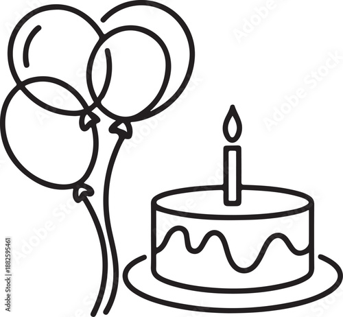 Continuous line drawing of birthday cake. A cake with sweet cream and candle. Celebration birthday party concept isolated on white background. Hand drawn vector design illustration