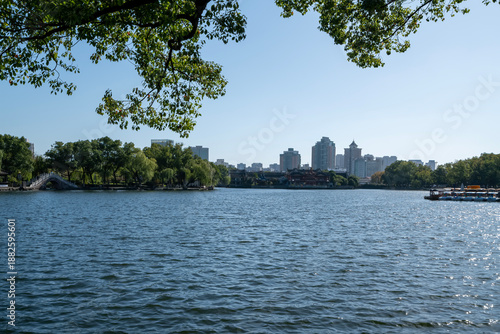 Scenic Lake with Urban Skyline and Trees