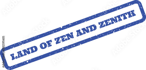 Blue textured rubber stamp effect with capital letters spelling Land of Zen and Zenith inside a rectangular border