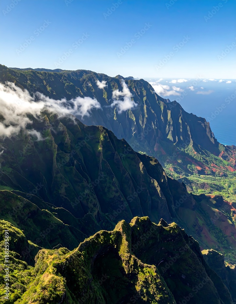 Fototapeta premium A lush green mountain range under a blue sky with clouds