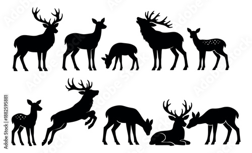 Silhouette deer set featuring stags, does, and fawns in multiple poses for wildlife designs