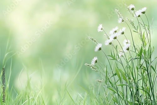 Delicate White Flowers in Lush Green Grass with Soft Blurred Background in Fresh Nature