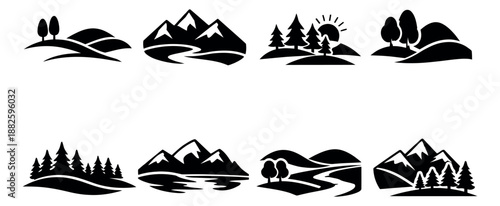 Minimalist nature landscape icon set featuring mountains, hills, trees, rivers, and sun for outdoor themed designs