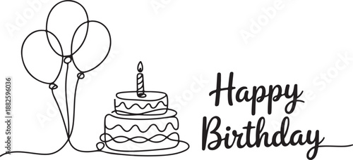 Happy Birthday continuous line drawing, handwritten lettering with symbolic party balloon and birthday cake. One hand drawn minimalist style 